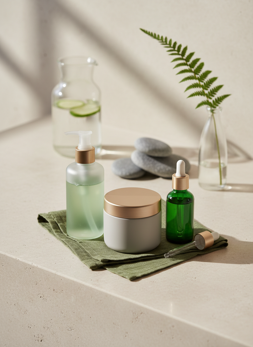 A carefully arranged flatlay of luxurious personal care essentials displayed on a smooth, pale limestone vanity. A frosted glass pump bottle of botanical cleanser, a heavyweight matte-porcelain jar of cream with a brushed brass lid, and a dark green glass facial oil bottle rest on a folded, moss-colored linen cloth. In the background, blurred spa-like elements—river stones, a clear glass carafe of water, and a single fern frond in a slim vase—add subtle texture. Soft morning sunlight filters in from the left, creating delicate highlights on the glass and gentle shadows across the stone. Photographic realism, shot from a slightly elevated angle with shallow depth of field, evoking a calm, sophisticated, functional-luxury atmosphere.